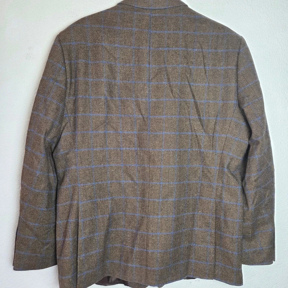 Tommy Hilfiger Sport Coat 46R Brown Blue Windowpane Wool Blend Blazer Men's